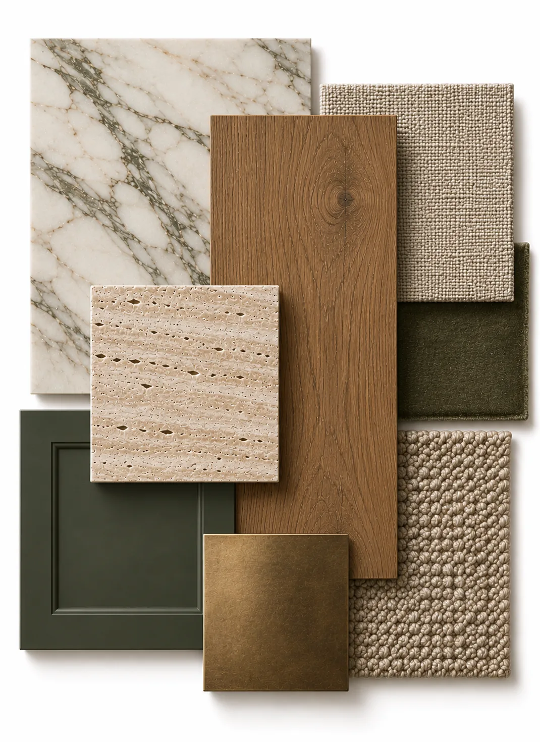 Interior design moodboard of material samples: veined marble, travertine, oak, bronze, green painted joinery and textured wool fabrics